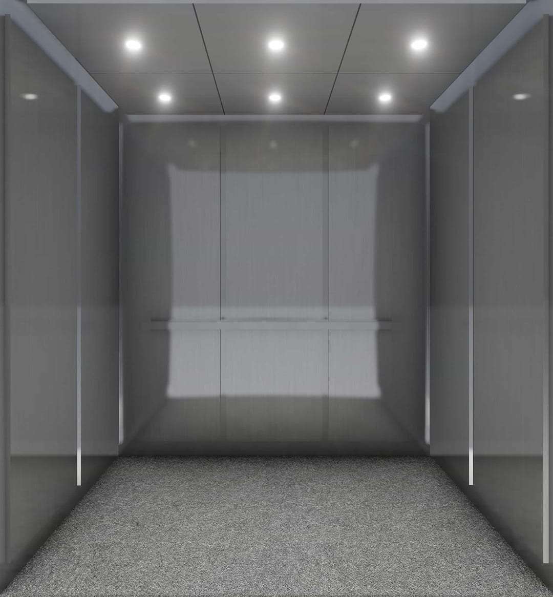 Dynamic design rendering of reflective gray wall panels with slim vertical trim and recessed ceiling lights