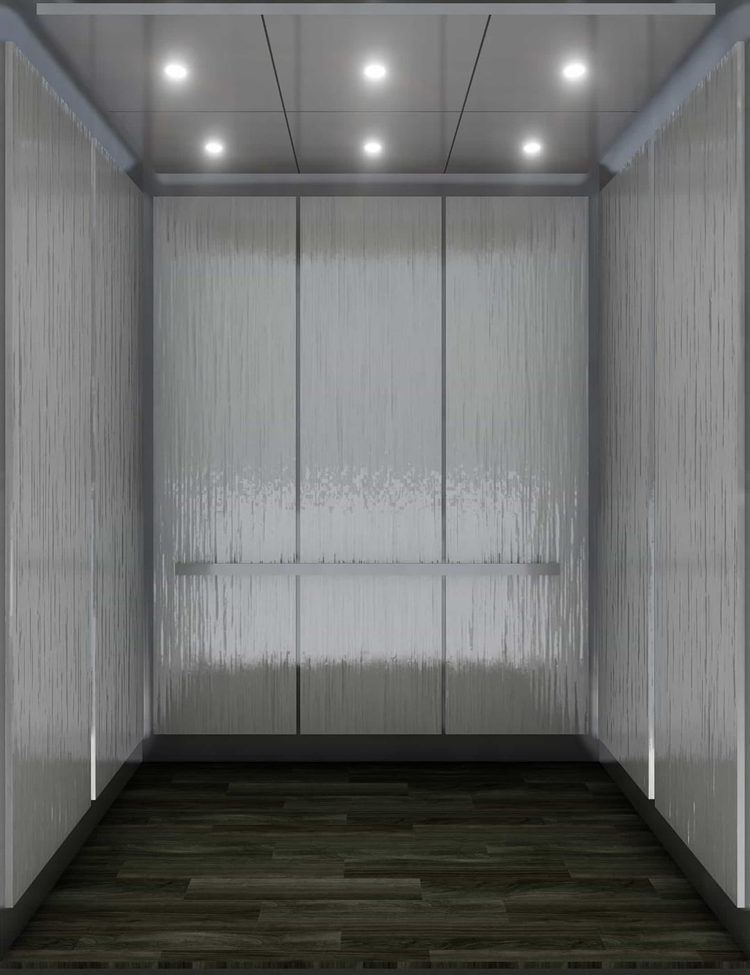 Dynamic design rendering of vertically textured silver-tone panels, a flat handrail and dark plank flooring