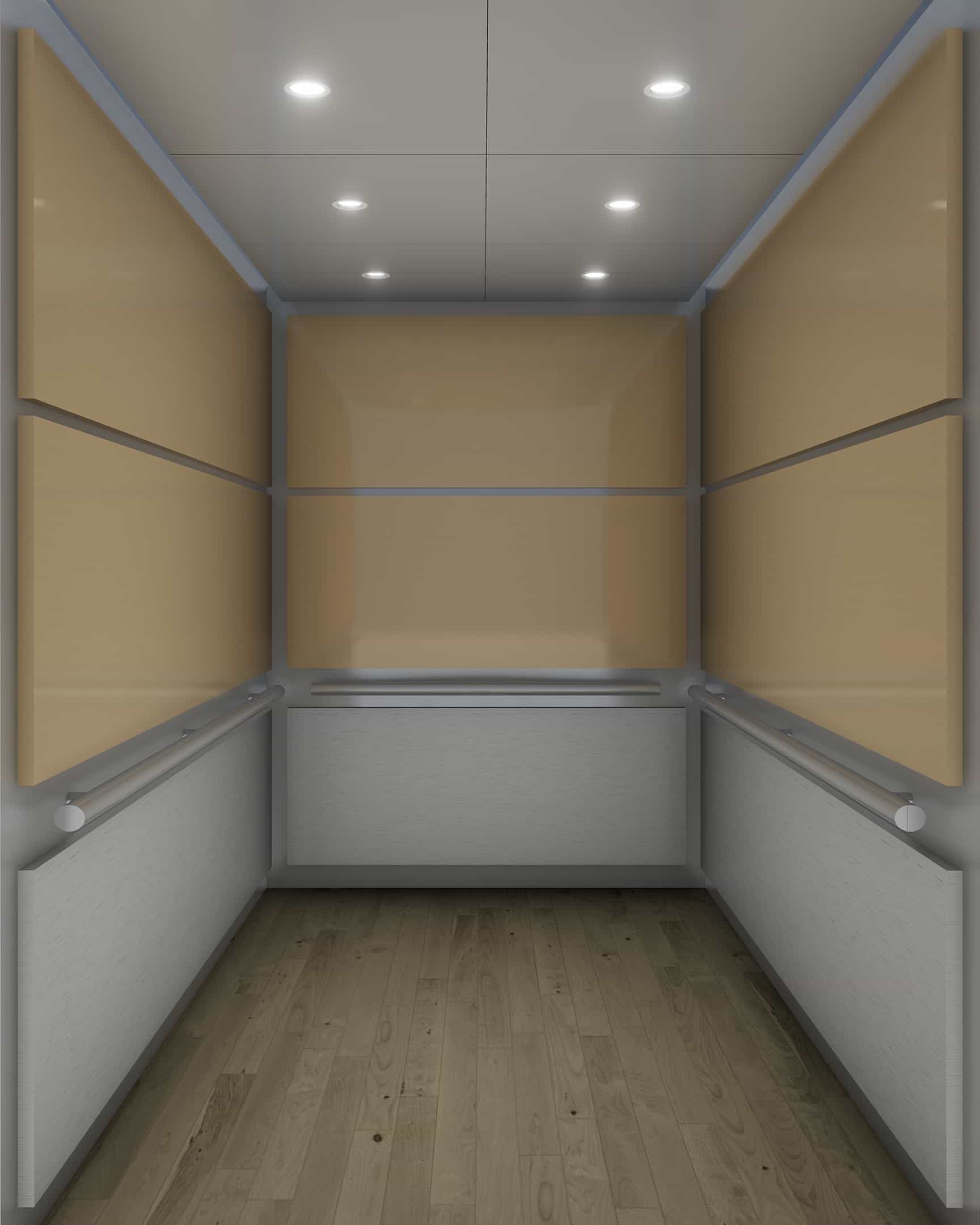 Dynamic design rendering of warm-toned upper panels, gray lower panels, round handrails and wood-tone flooring